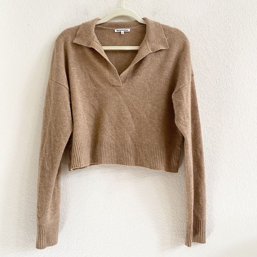 Reformation Cropped V-Neck Sweater in Light Brown